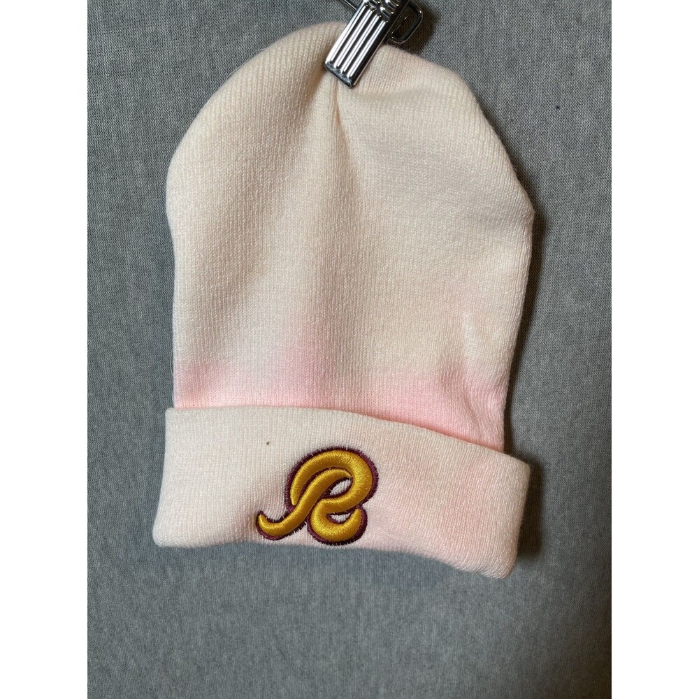 Women's Pink Gradient Beanie Hat with Embroidered Gold 'R' Logo Cuffed Knit Cap